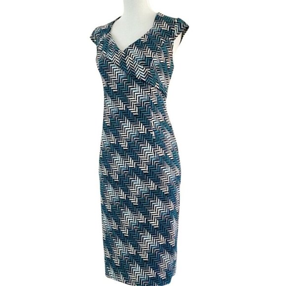 White House Black Market Cap Sleeve V-Neck Cross Bodice Pattern Dress Sz 12 - Picture 3 of 7